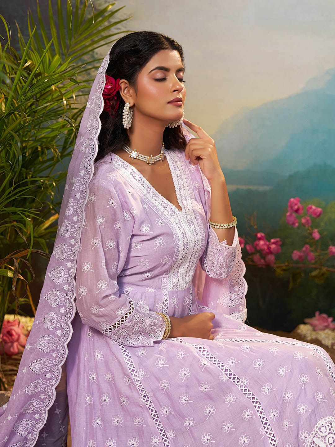 Floral Embroidered Pure Cotton Anarkali Kurta With Trousers & Dupatta