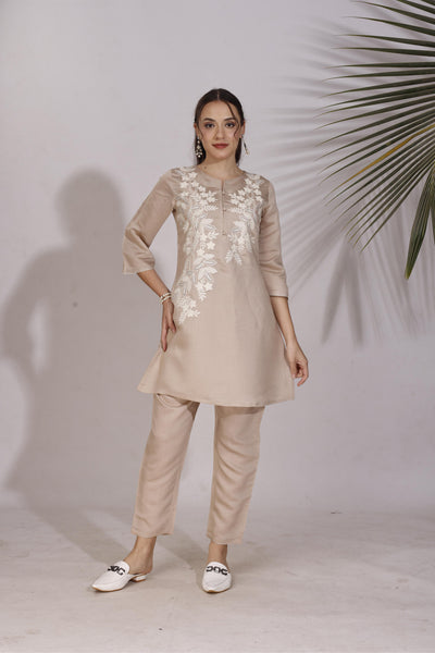 Indyancart TI Women's Brown Colour White Thread Embroidery Work Co Ord