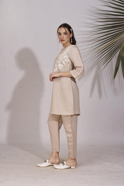 Indyancart TI Women's Brown Colour White Thread Embroidery Work Co Ord