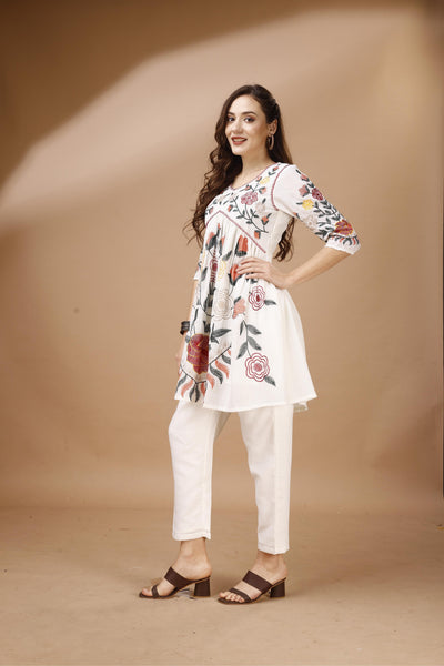 Indyancart TI Women's Off White Colour Multi Thread Embroidery Flared Co Ord