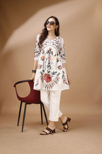 Indyancart TI Women's Off White Colour Multi Thread Embroidery Flared Co Ord