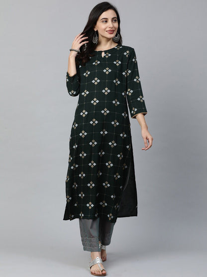 Dhiyona IE Women Green Printed Straight Kurta