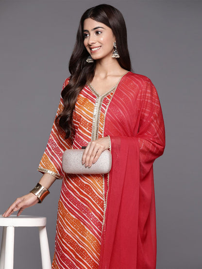 Indyancart VA Women's Leheriya Printed Regular Sequinned Kurta with Trousers & With Dupatta