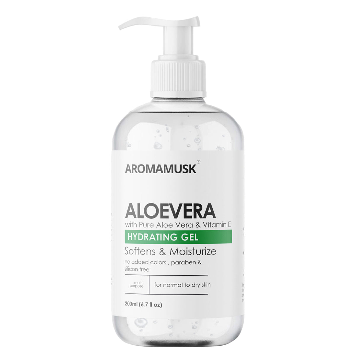 AromaMusk Aloe Vera Hydrating Gel with pure aloe vera and vitamin E, smooth gel for moisturizing and soothing skin.