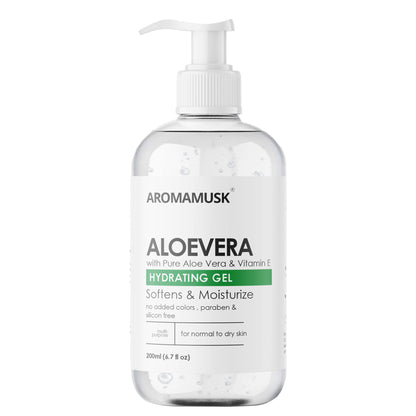 AromaMusk Aloe Vera Hydrating Gel with pure aloe vera and vitamin E, smooth gel for moisturizing and soothing skin.