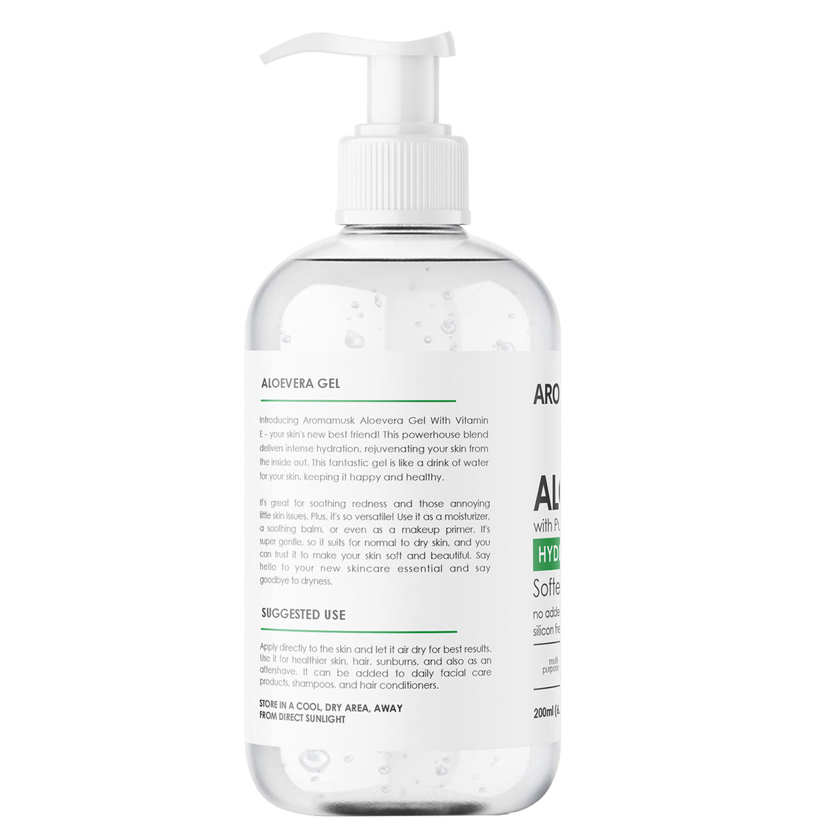 AromaMusk Aloe Vera Hydrating Gel with pure aloe vera and vitamin E, smooth gel in a clear container, suitable for skin hydration.