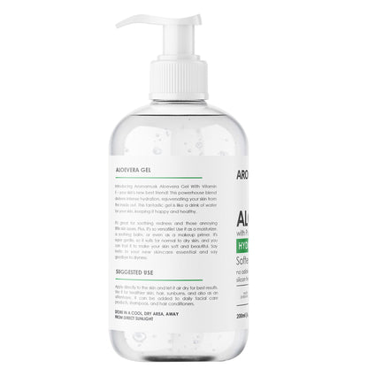 AromaMusk Aloe Vera Hydrating Gel with pure aloe vera and vitamin E, smooth gel in a clear container, suitable for skin hydration.