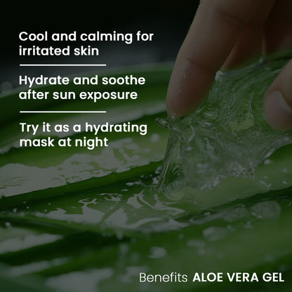AromaMusk Aloe Vera Hydrating Gel with pure aloe vera and vitamin E, smooth gel in a clear jar with green leaves.