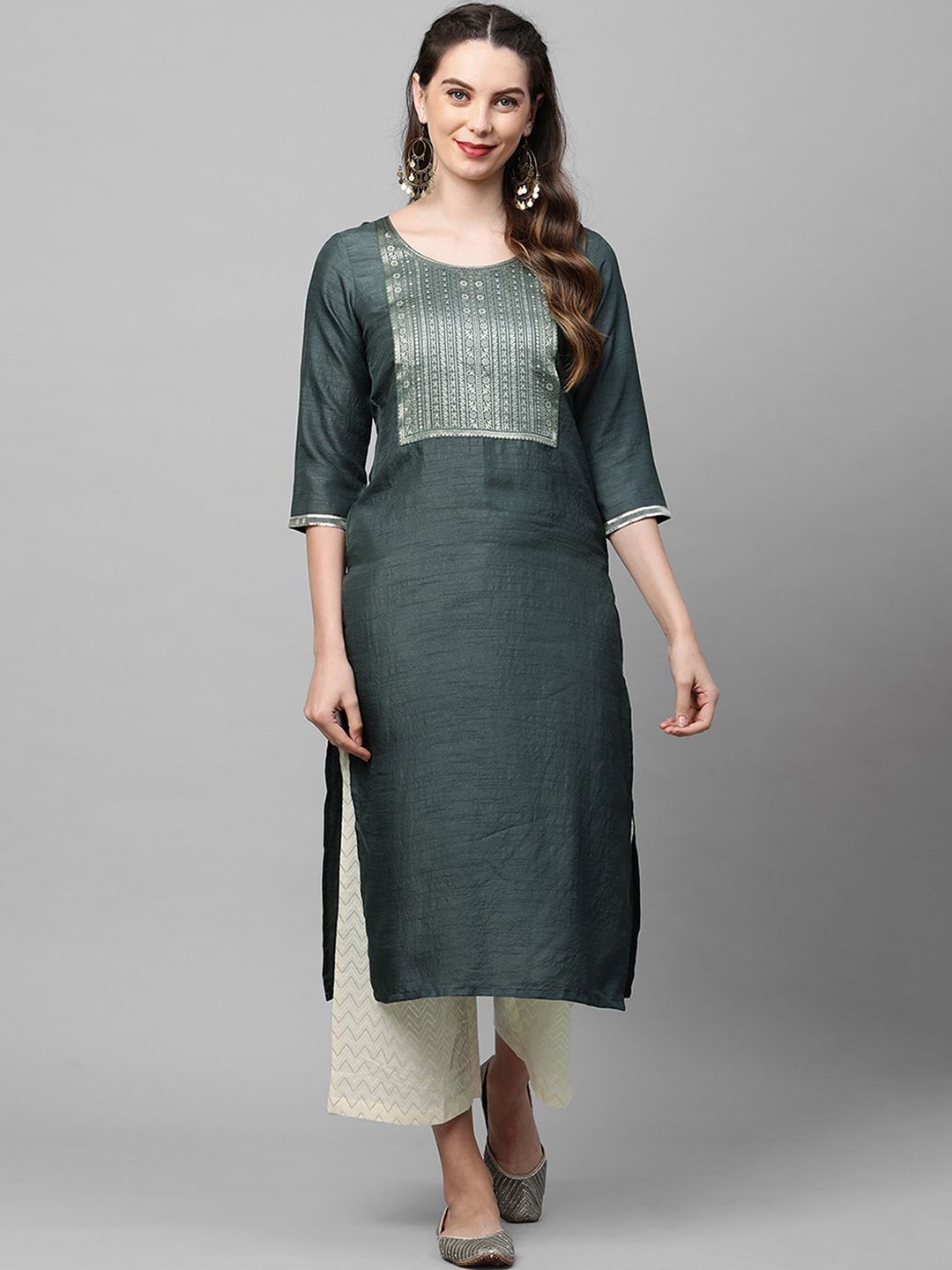 Indyancart IE Women Charcoal Grey Ethnic Motifs Yoke Design Straight Kurta