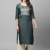 Indyancart IE Women Charcoal Grey Ethnic Motifs Yoke Design Straight Kurta