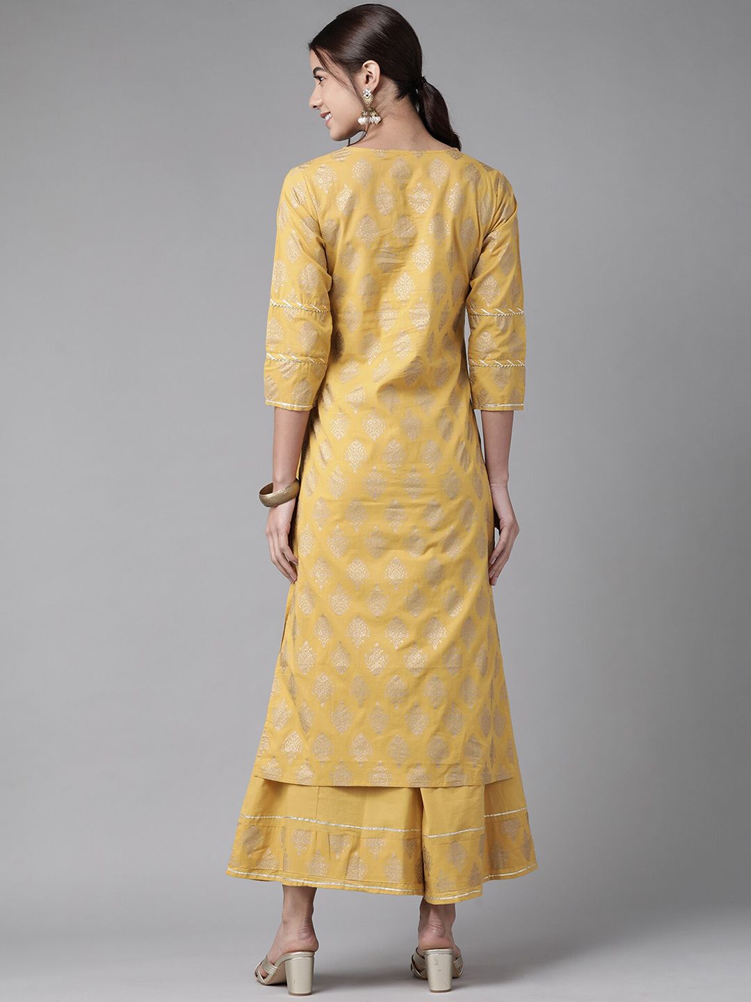 Indyancart IE Women Ethnic Motifs Printed Regular Gotta Patti Pure Cotton Kurta With Sharara