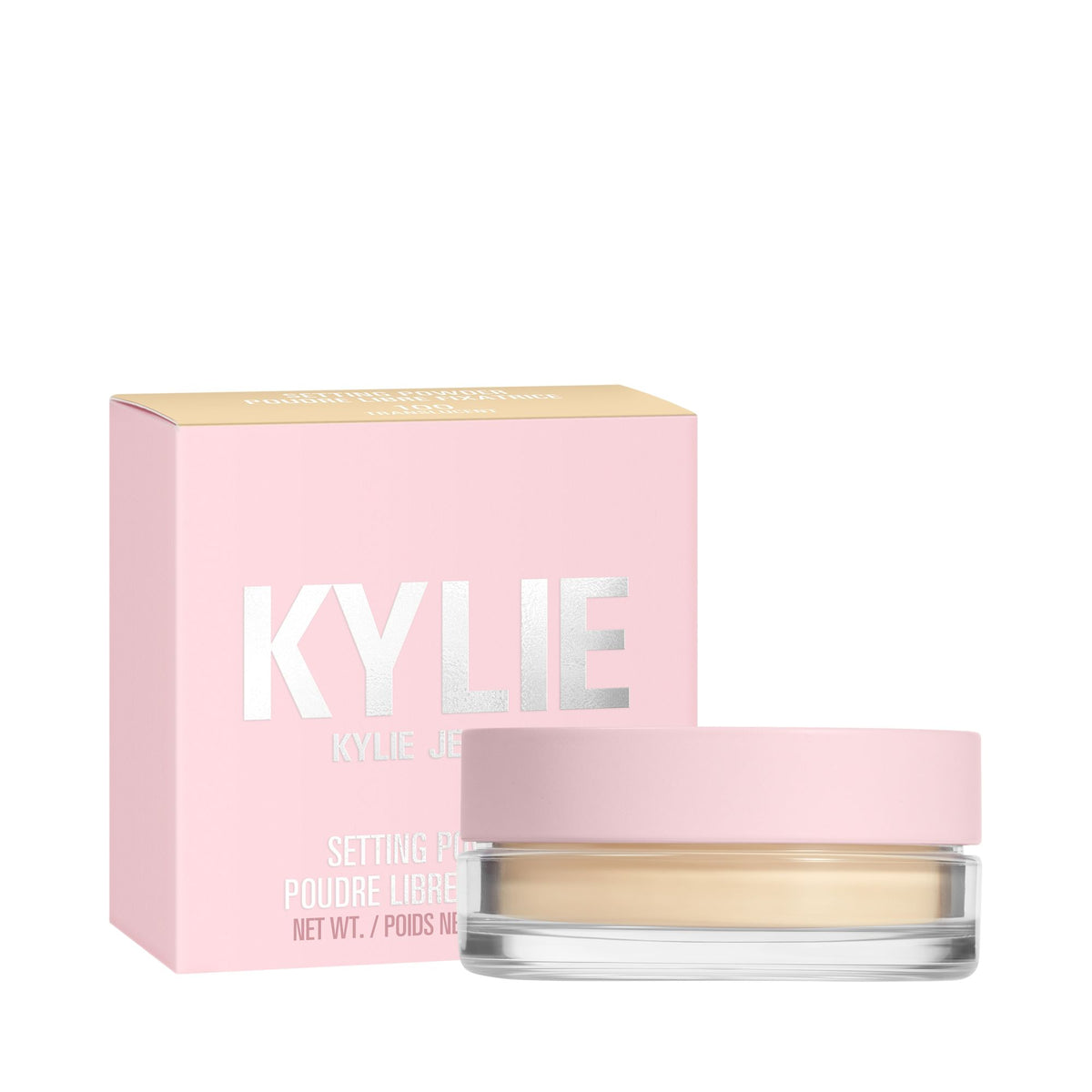 Kylie Cosmetics Loose Powder in 100 Translucent, shown in an open container with a sifter and powder surface.