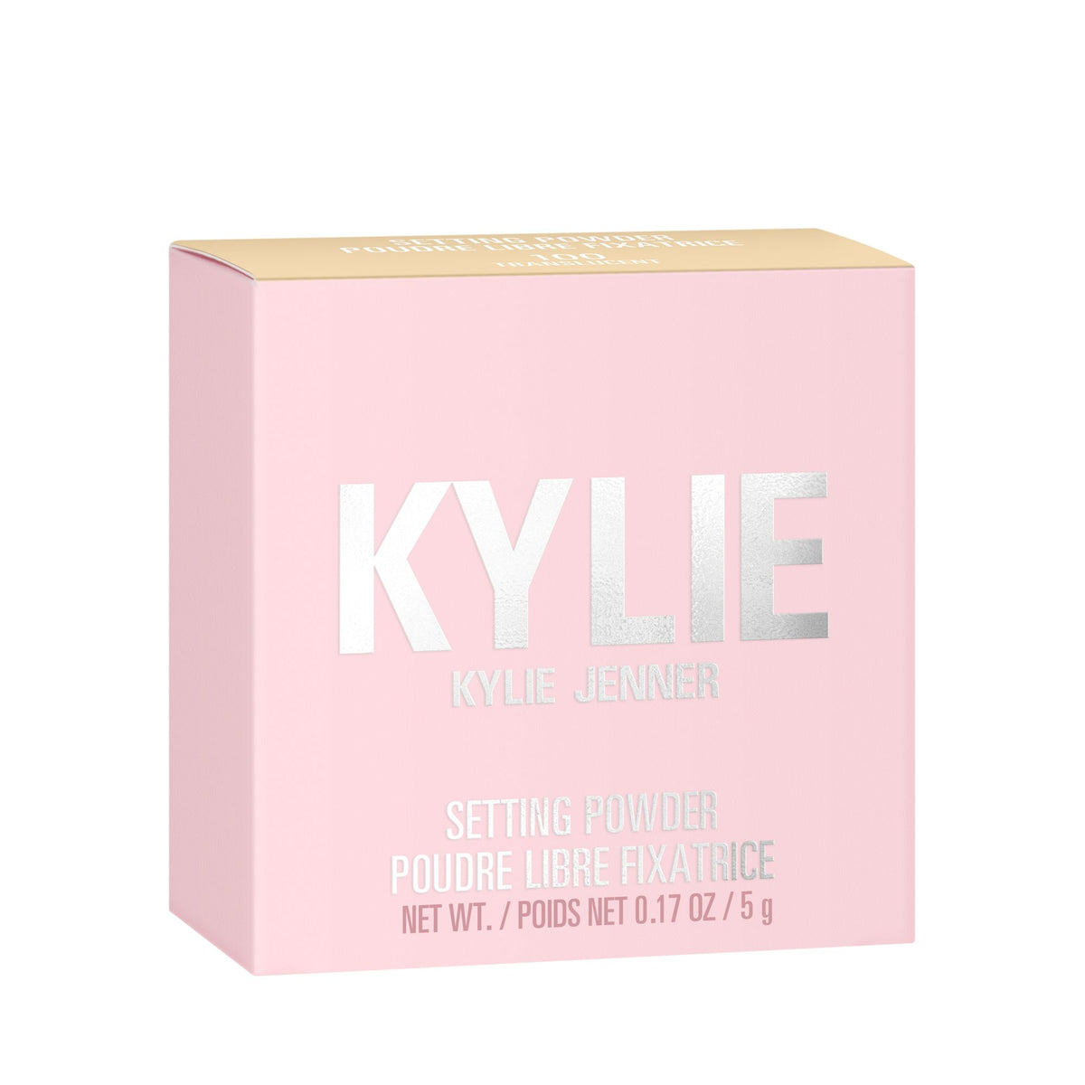 Kylie Cosmetics Loose Powder in 100 Translucent, fine translucent face powder in clear packaging with a white puff applicator.