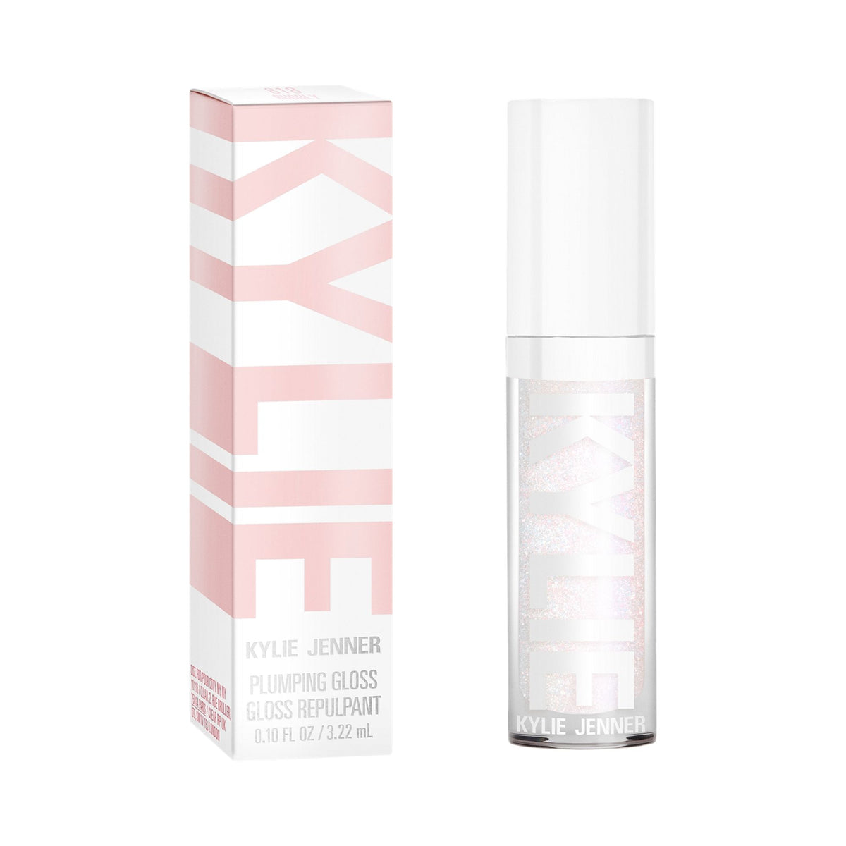 Kylie Cosmetics Plumping Lip Gloss in shade 818 Bubbly featuring glossy finish and applicator brush with sleek packaging.