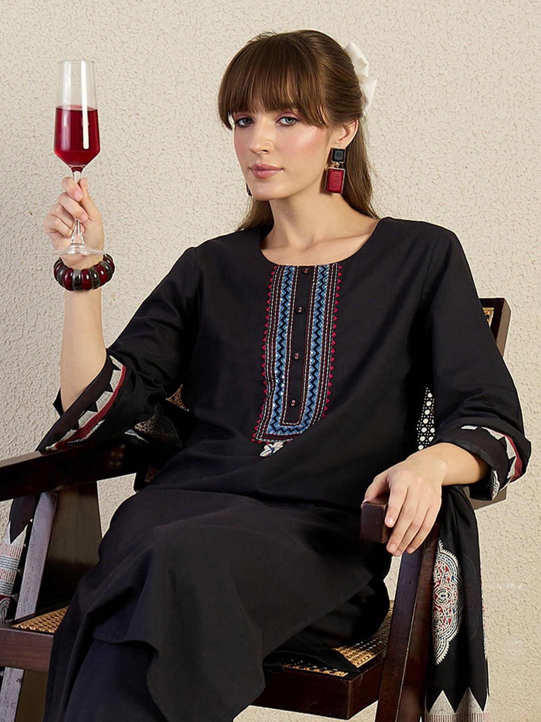 Women Yoke Design Embroidered Cotton Kurta with Trousers & Dupatta