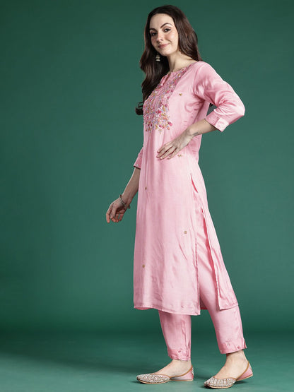 Indyancart IE Floral Embroidered Thread Work Kurta with Trousers & With Dupatta