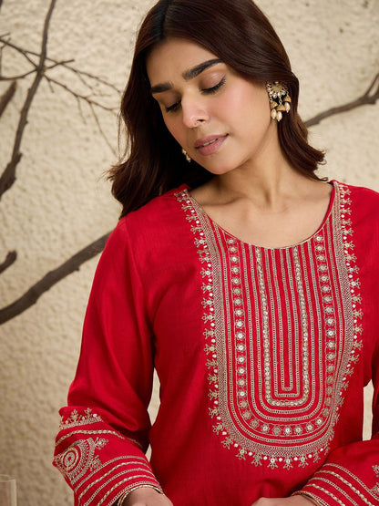 Dhiyona IE Floral Yoke Design Flared Sleeves Zari Straight Kurta With Trousers