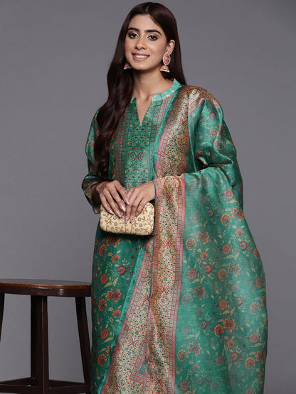 Indyancart VA Women's Floral Printed Regular Chanderi Silk Kurta with Trousers & Dupatta
