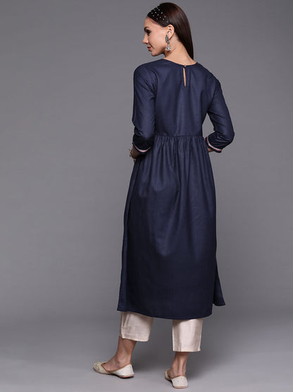 Dhiyona IE Women Navy Blue Floral Yoke Design Floral Kurta