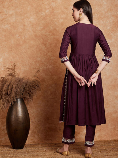 Indyancart SN Women's Alia Cut Ethnic Motifs Embroidered A-Line Kurta With Trouser