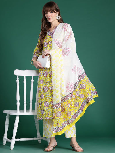 Indyancart IE Floral Printed Pure Cotton Kurta with Trousers & Dupatta