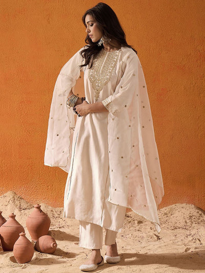 Indyancart IE Off White Ethnic Motifs Embroidered Panelled Zari Kurta With Trousers & Dupatta