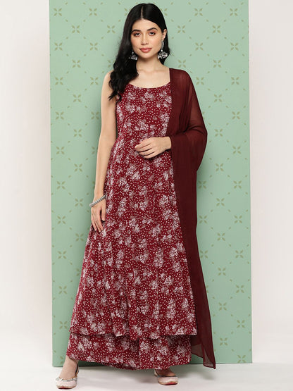 Indyancart VA Women's Floral Printed Panelled Silk Georgette Kurta with Palazzos & With Dupatta