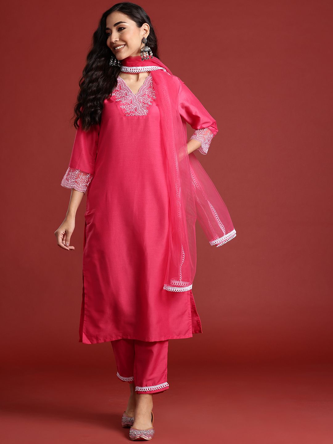 Indyancart IE Floral Yoke Design Kantha Work Kurta With Trousers & Dupatta