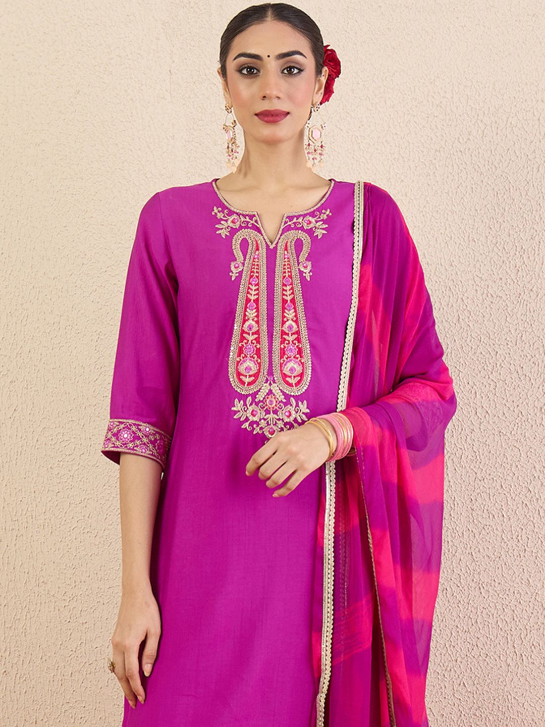 Women Solid Embroidered Kurta with Pyjama & Dupatta