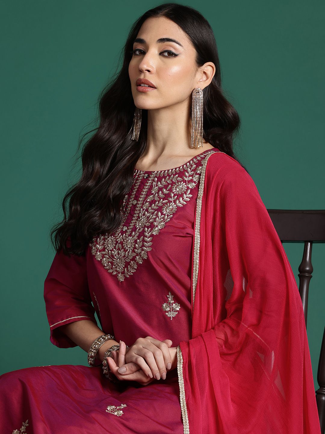 Ethnic Motifs Embroidered Kurta with Trousers & With Dupatta