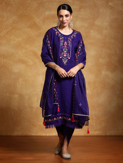 Indyancart VA Women's Floral Embroidered Regular Kurta with Dhoti Pants & With Dupatta