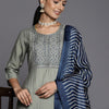 Indyancart VA Women's Green Floral Yoke Design Kurta with Trousers & With Dupatta