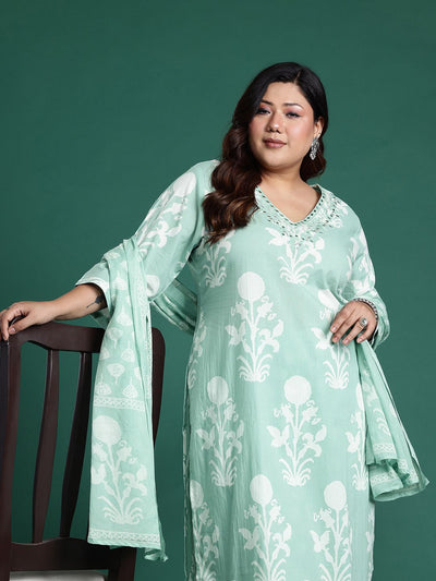 Dhiyona IE Plus Size Floral Embroidered Mirror Work Pure Cotton Kurta Set