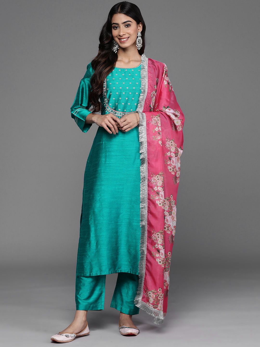 Dhiyona VA Women'sFloral Yoke Design Regular Thread Work Kurta with Trousers & With Dupatta