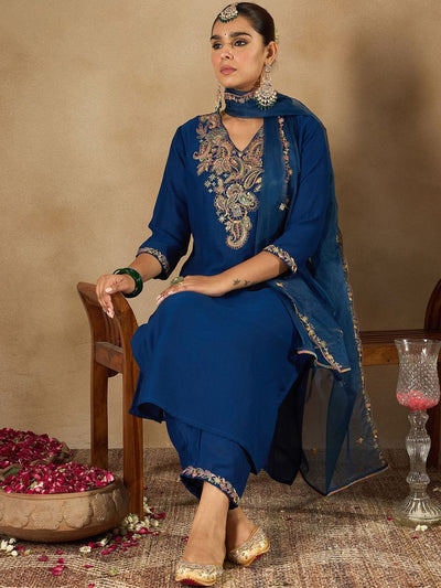 Indyancart IE Women Ethnic Motifs Embroidered Regular Liva Kurta with Trousers & With Dupatta