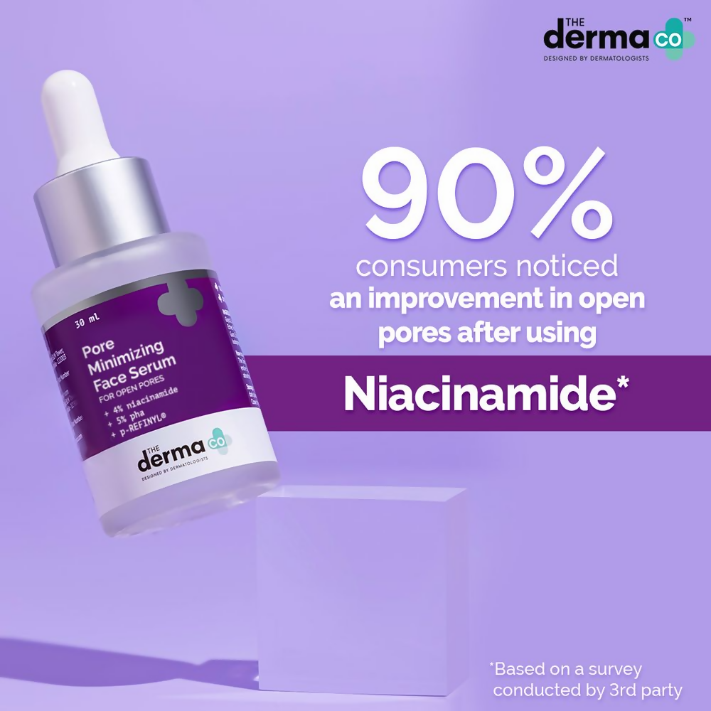 The Derma Co pore minimizing face serum with 4% niacinamide and 5% PHA, showing the serum in a clear bottle with dropper.