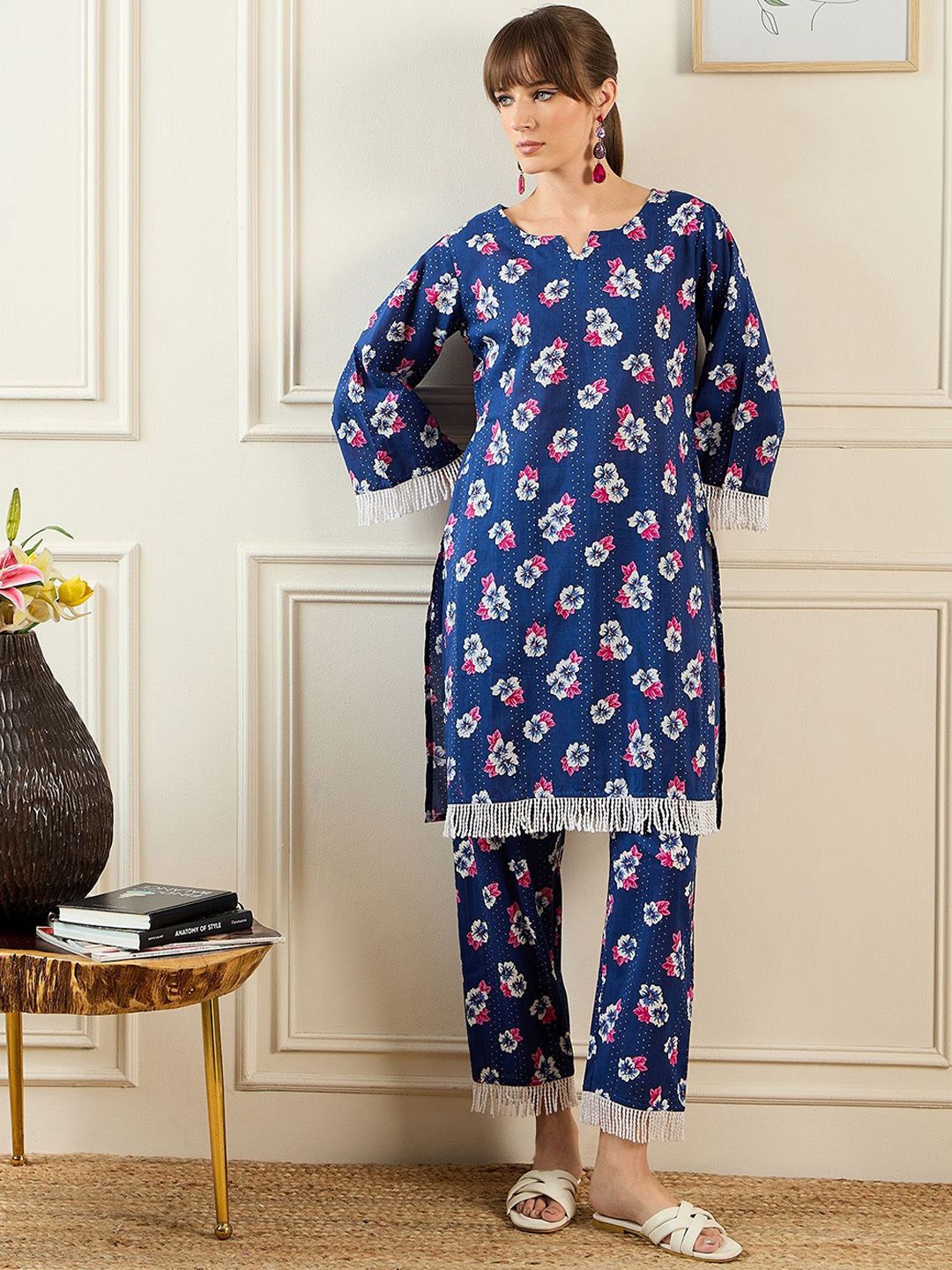 Indyancart IE Floral Printed Pure Cotton Tunic & Trouser Co-Ords