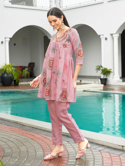 Indyancart TI Women's Baby Pink Linen Embroidered Co Ord