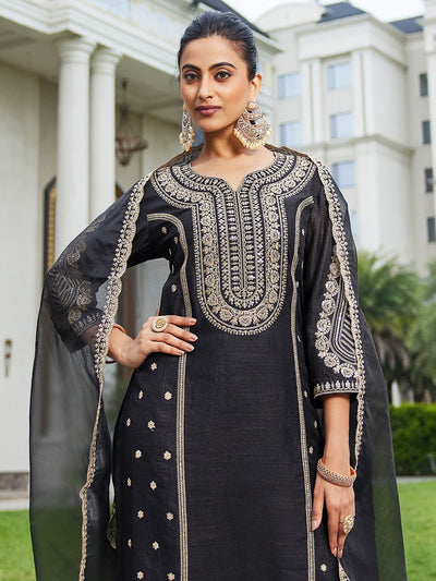 Dhiyona IE Women Ethnic Motifs Embroidered Panelled Kurta with Trousers & With Dupatta