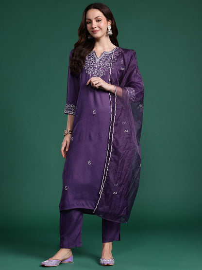 Indyancart IE Paisley Embroidered Kurta with Trousers & Dupatta
