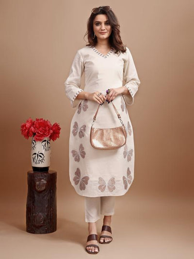 Indyancart TI Women's Off White Linen with Contrast Butterfly Embroidered Kurta and Pant