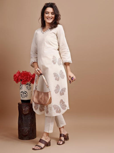 Indyancart TI Women's Off White Linen with Contrast Butterfly Embroidered Kurta and Pant