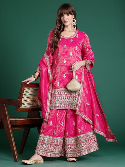 Indyancart IE Ethnic Motifs Embroidered Mirror Work Kurta with Palazzos & With Dupatta