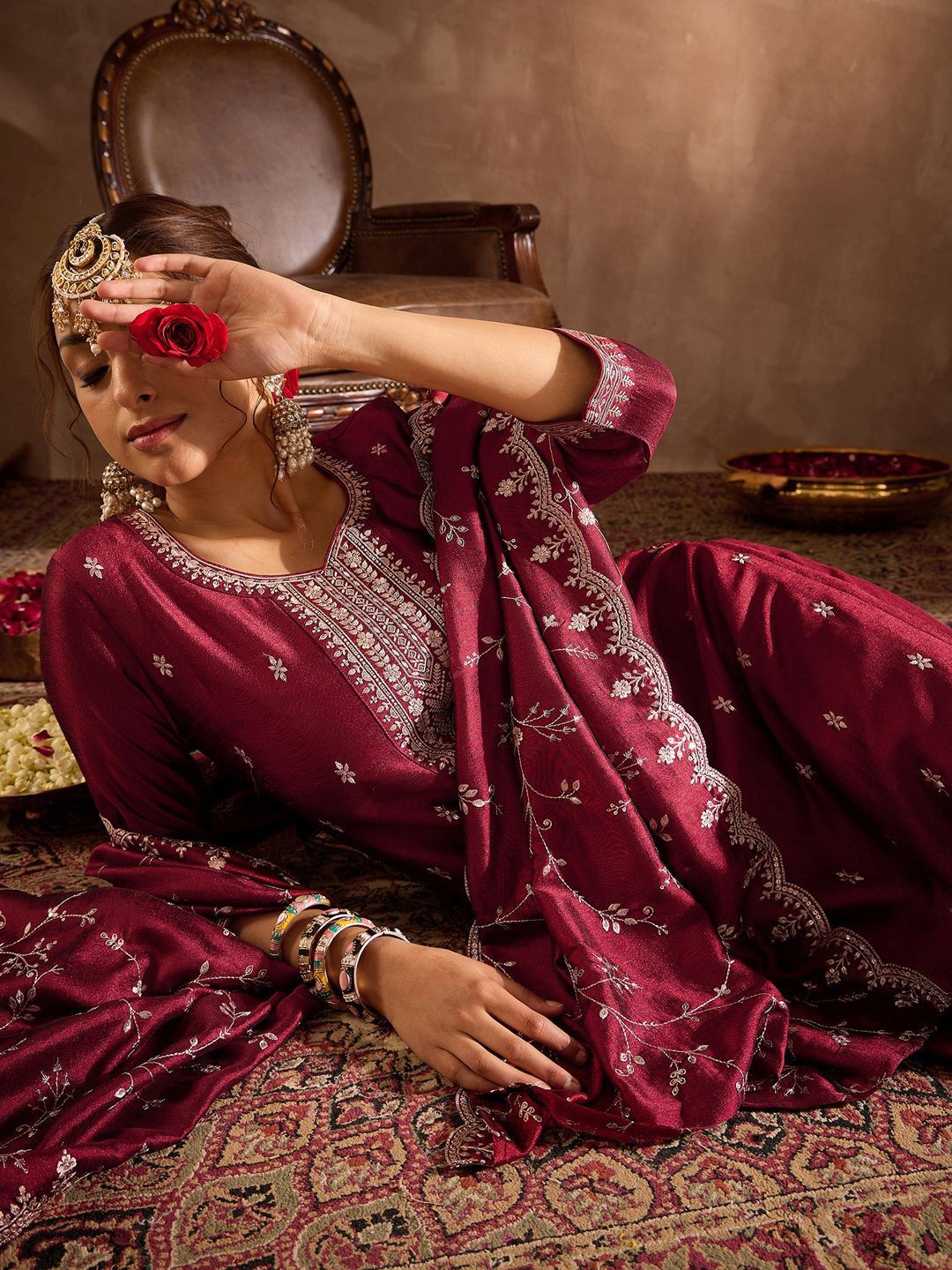 Floral Embroidered Sequinned Round Neck Straight Kurta With Trouser & Dupatta