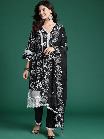 Indyancart IE Floral Embroidered Thread Work Pure Cotton Kurta With Trousers & Dupatta