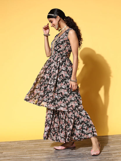 Indyancart VA Women Black Floral Printed Pleated Kurta with Sharara & With Dupatta