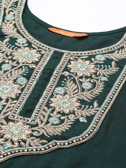 Indyancart IE Women Green Ethnic Motifs Embroidered Yoke Design Kurta with Palazzos & Dupatta