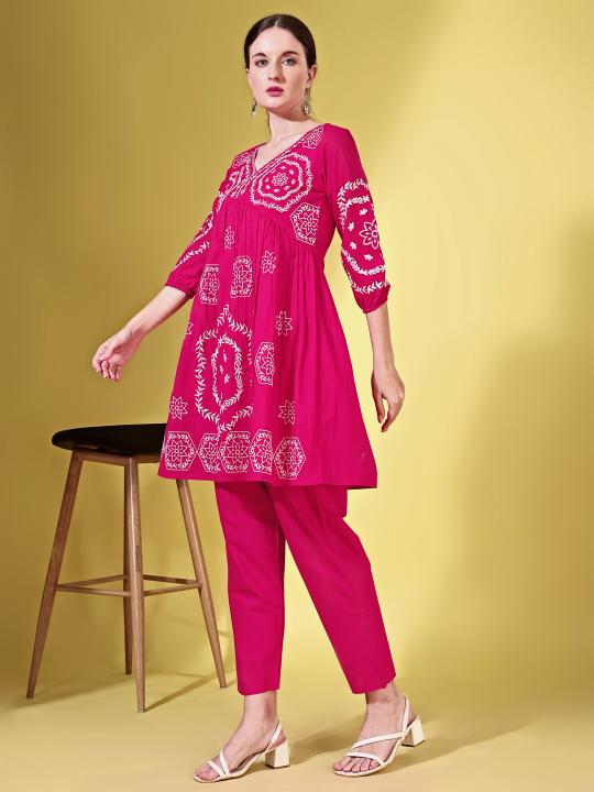 Indyancart TI Women's Fuchsia Cotton with White Thread Embroidered Co Ord