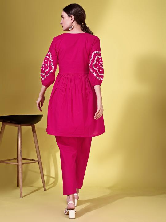 Indyancart TI Women's Fuchsia Cotton with White Thread Embroidered Co Ord