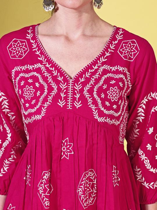 Indyancart TI Women's Fuchsia Cotton with White Thread Embroidered Co Ord